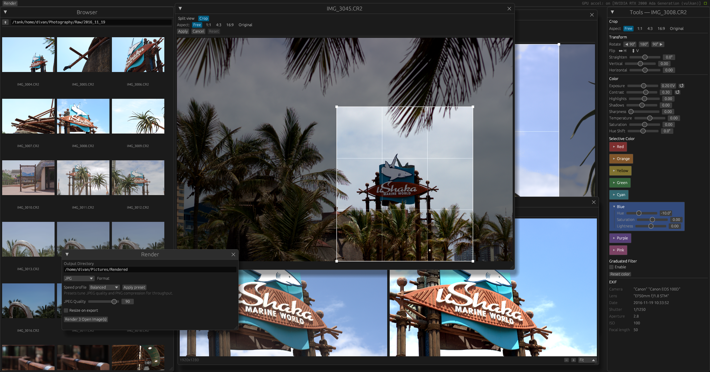 Photograph's UI showing the browser panel, crop tool, and editing sidebar